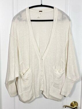 Free People LINEN Blend Oversized Knit Cardigan White XS